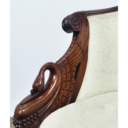 182 - BERGERE, Empire style with swan neck arms and patterned cream upholstery, 87cm H x 678cm W x 70cm D.