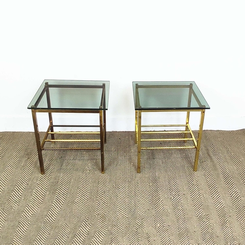 183 - LAMP TABLES, a pair, mid 20th century brass with tinted glass tops, 46cm H x 50cm W x 40cm D. (2)