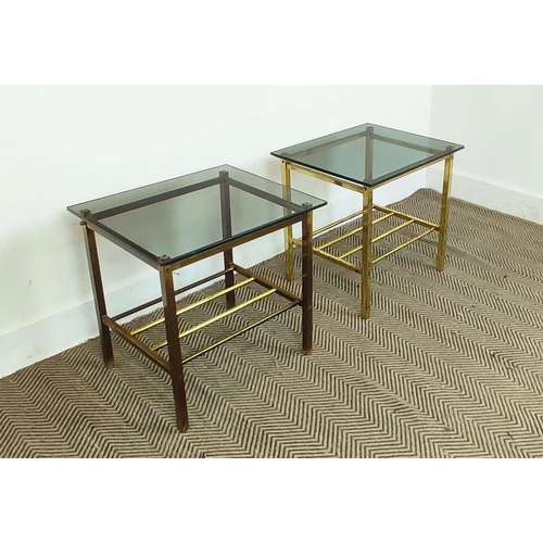 183 - LAMP TABLES, a pair, mid 20th century brass with tinted glass tops, 46cm H x 50cm W x 40cm D. (2)