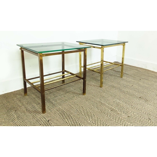 183 - LAMP TABLES, a pair, mid 20th century brass with tinted glass tops, 46cm H x 50cm W x 40cm D. (2)