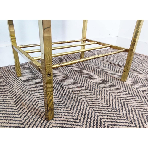 183 - LAMP TABLES, a pair, mid 20th century brass with tinted glass tops, 46cm H x 50cm W x 40cm D. (2)