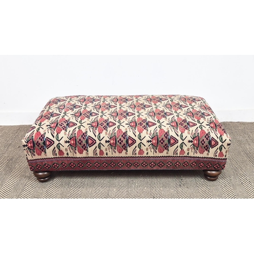 184 - HEARTH STOOL, rectangular carpet covered with turned feet, 36cm H x 118cm x 69cm.