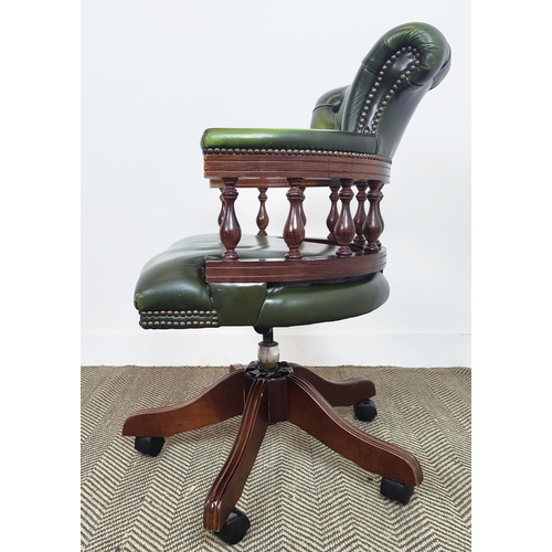 185 - DESK CHAIR, green leather with swivel seat on castors, 88cm H x 62cm.