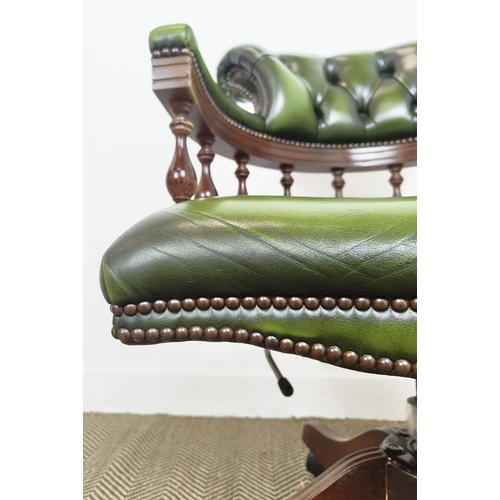 185 - DESK CHAIR, green leather with swivel seat on castors, 88cm H x 62cm.