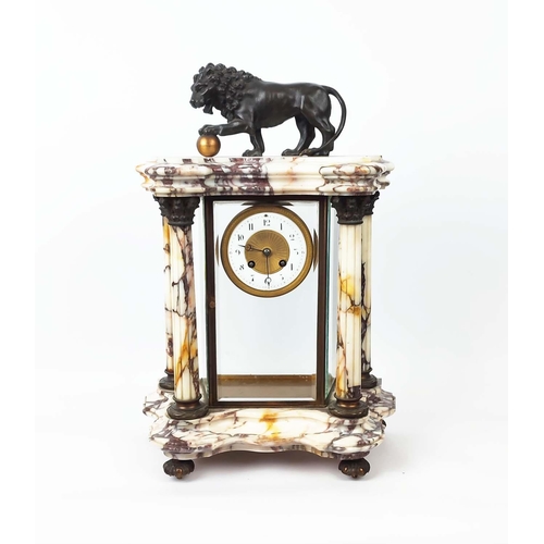 5 - A 19TH CENTURY FRENCH EIGHT DAY MANTEL CLOCK, white marble case, glass inner case, enamelled dial, b... 