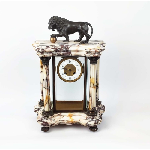 5 - A 19TH CENTURY FRENCH EIGHT DAY MANTEL CLOCK, white marble case, glass inner case, enamelled dial, b... 