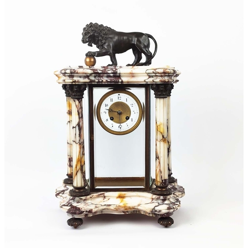 5 - A 19TH CENTURY FRENCH EIGHT DAY MANTEL CLOCK, white marble case, glass inner case, enamelled dial, b... 