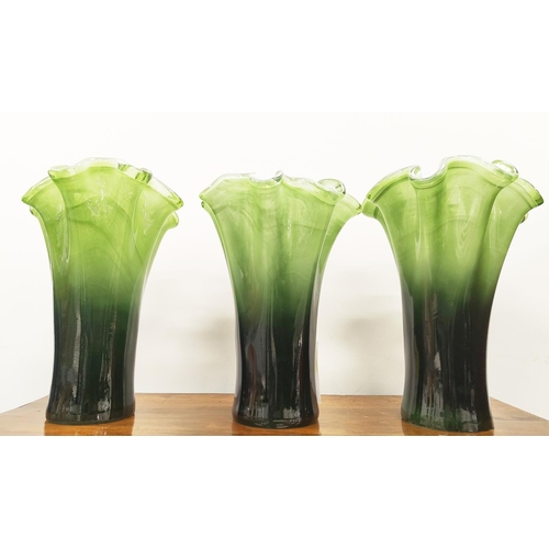 6 - MURANO STYLE GLASS VASES, a set of three, green coloured, 30cm H at tallest approx.