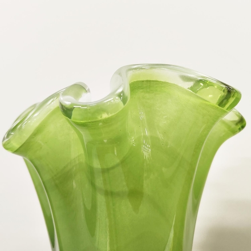 6 - MURANO STYLE GLASS VASES, a set of three, green coloured, 30cm H at tallest approx.