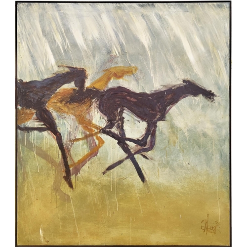 66 - ALEXANDRA MCKENZIE (Australian b.1972), 'Running Horses', triptych, oil on Belgian linen, overall 46... 