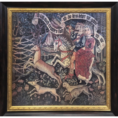 91 - HUNTING SCENE TAPESTRY PRINT, purchased from the Trowbridge Gallery, 113cm x 121, framed.