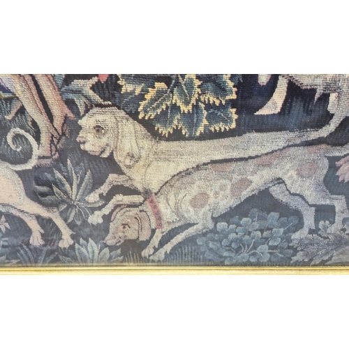 91 - HUNTING SCENE TAPESTRY PRINT, purchased from the Trowbridge Gallery, 113cm x 121, framed.