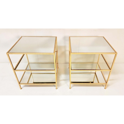 518 - ETAGERES, a pair, gilt metal, three tiered with square mirrored tops, 51cm H x 51cm W x 51cm D. (2)