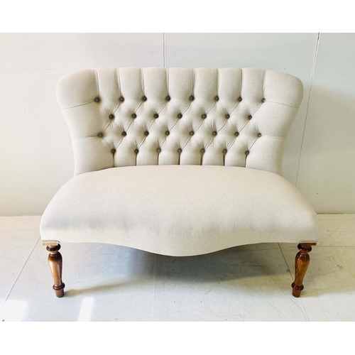 519 - SOFA, Victorian style, with deep buttoned neutral linen upholstery on turned supports, 83cm H x 107c... 