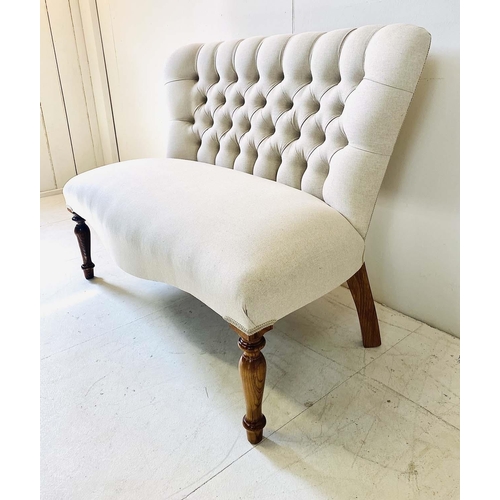 519 - SOFA, Victorian style, with deep buttoned neutral linen upholstery on turned supports, 83cm H x 107c... 