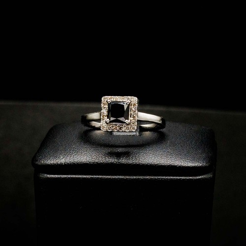 50 - CERTIFICATED PLATINUM RING SET, with square-cut black diamond and a halo of RBC diamonds, black diam... 