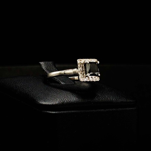 50 - CERTIFICATED PLATINUM RING SET, with square-cut black diamond and a halo of RBC diamonds, black diam... 