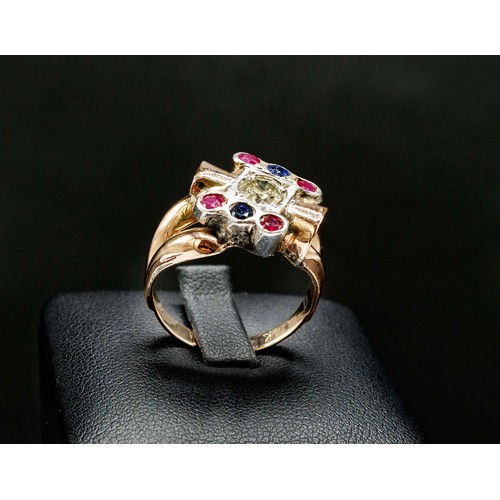 52 - CERTIFICATED 9CT YELLOW AND WHITE GOLD RING, set with an RBC diamond (0.50ct), 2 R/C rubies (0.15ct)... 