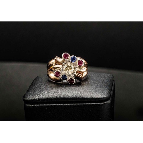 52 - CERTIFICATED 9CT YELLOW AND WHITE GOLD RING, set with an RBC diamond (0.50ct), 2 R/C rubies (0.15ct)... 