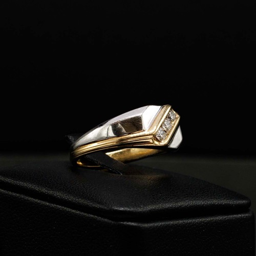 55 - 9CT YELLOW AND WHITE GOLD RING DIAGONALLY CHANNEL-SET, with 3 RBC diamonds, boxed, diamonds 0.30ct a... 