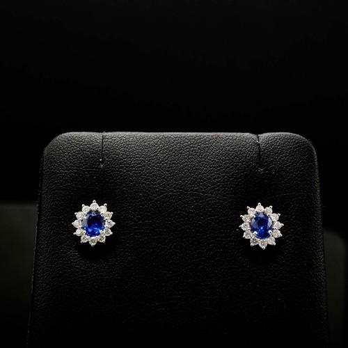 63 - PAIR OF 18CT WHITE GOLD OVAL SAPPHIRE AND RBC DIAMOND CLUSTER STUDS, boxed, sapphires 1.16ct, diamon... 