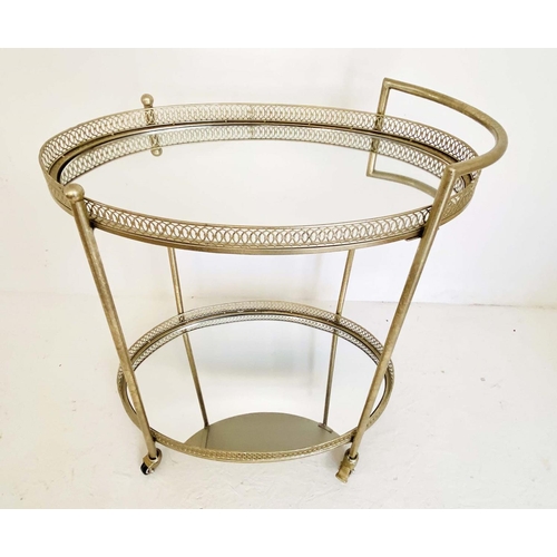 521 - DRINKS TROLLEY, silvered metal with mirrored glass, 87cm H x 78cm W x 47cm D.