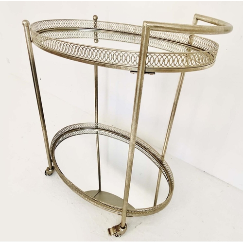 521 - DRINKS TROLLEY, silvered metal with mirrored glass, 87cm H x 78cm W x 47cm D.