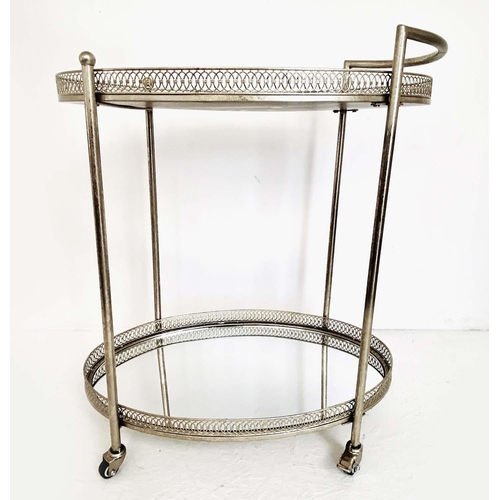 521 - DRINKS TROLLEY, silvered metal with mirrored glass, 87cm H x 78cm W x 47cm D.