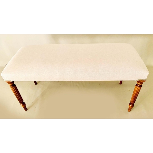 523 - HALL SEAT, neutral linen upholstery on reeded supports, 50cm H x 99cm W x 40cm D