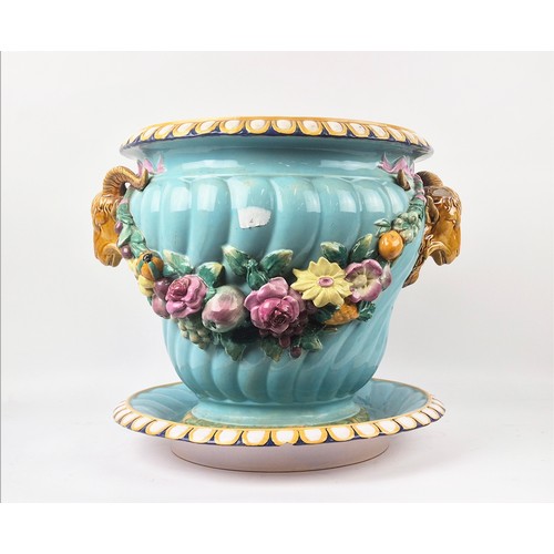 1 - MAJOLICA RAMS HEAD JARDINIERE AND PLATTER, probably Mintons, late 19th century, 36cm H x 45cm W appr... 