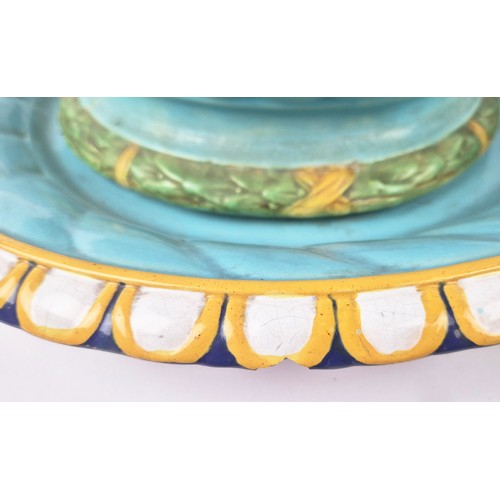 1 - MAJOLICA RAMS HEAD JARDINIERE AND PLATTER, probably Mintons, late 19th century, 36cm H x 45cm W appr... 