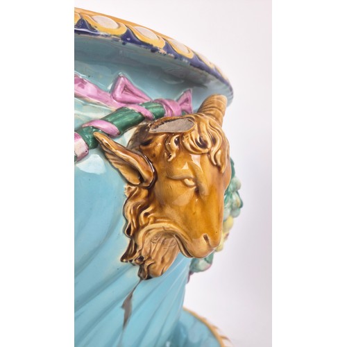 1 - MAJOLICA RAMS HEAD JARDINIERE AND PLATTER, probably Mintons, late 19th century, 36cm H x 45cm W appr... 