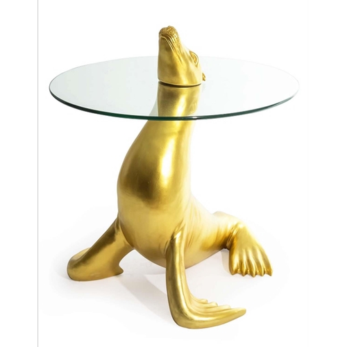 524 - SEAL OCCASIONAL TABLE, gilt finish resin base with circular glass top, 65cm H x 48cm W x 60cm D.