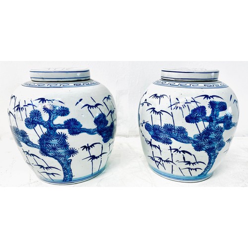 525 - GINGER JARS, a pair, Chinese export style blue and white ceramic, 28cm H x 28cm W (2)