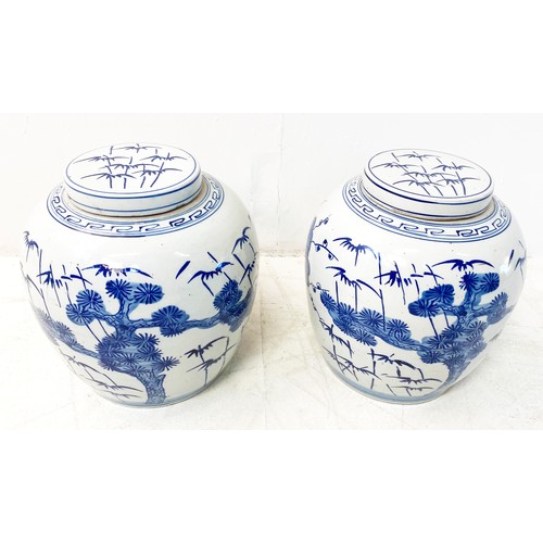 525 - GINGER JARS, a pair, Chinese export style blue and white ceramic, 28cm H x 28cm W (2)