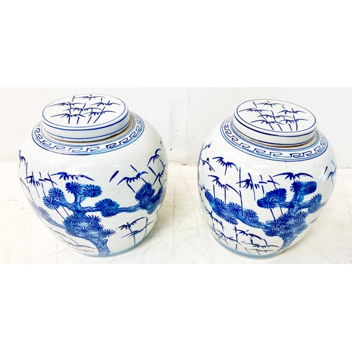 525 - GINGER JARS, a pair, Chinese export style blue and white ceramic, 28cm H x 28cm W (2)