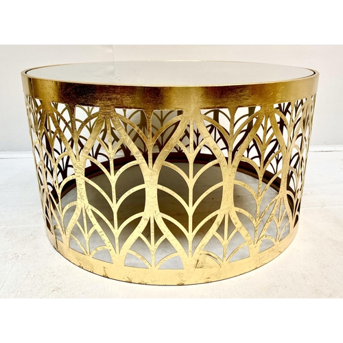 542 - COFFEE TABLE, circular mirrored glass top on pierced gilt metal base, 35cm H x 64cm W x 64cm D.