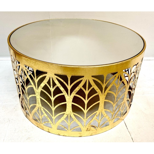 542 - COFFEE TABLE, circular mirrored glass top on pierced gilt metal base, 35cm H x 64cm W x 64cm D.