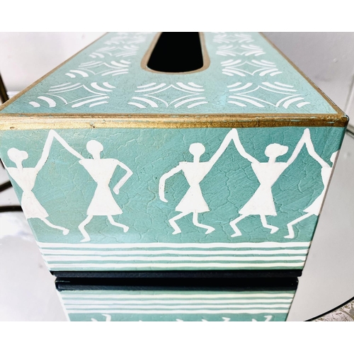 545 - CENTRE BOWL, on a gilt metal Greek key base, together with two tissue boxes, bowl 25cm H x 46cm W (3... 