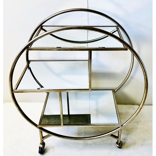 546 - DRINKS TROLLEY, circular silvered metal frame with mirrored glass shelves, 93cm H x 82cm W x 37cm D.