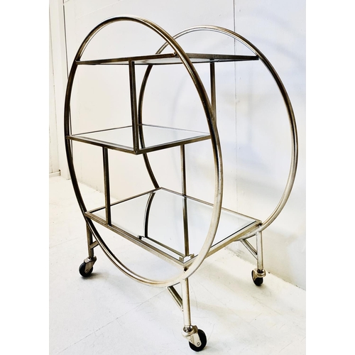 546 - DRINKS TROLLEY, circular silvered metal frame with mirrored glass shelves, 93cm H x 82cm W x 37cm D.