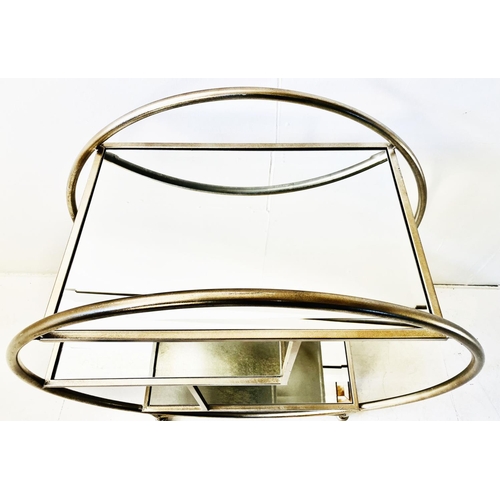 546 - DRINKS TROLLEY, circular silvered metal frame with mirrored glass shelves, 93cm H x 82cm W x 37cm D.