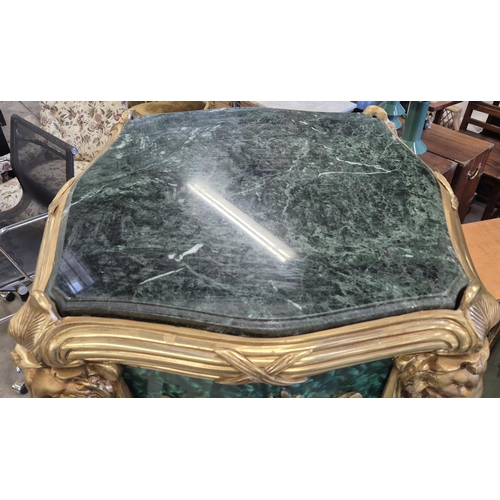 510 - PEDESTALS, a pair, Louis XV style faux malachite finish with gilt ormolu mounts and marble tops, 142... 