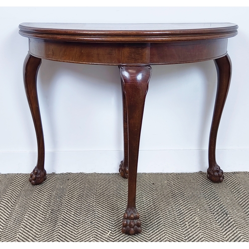 512 - TEA TABLE, early 20th century German walnut with demi lune top and hairy paw feet, 76cm H x 100cm x ... 