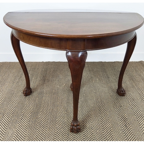 512 - TEA TABLE, early 20th century German walnut with demi lune top and hairy paw feet, 76cm H x 100cm x ... 