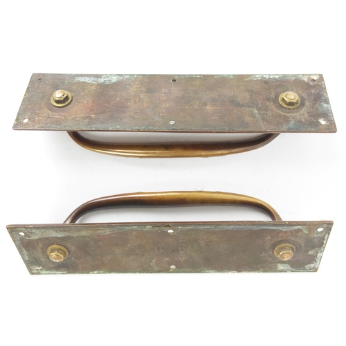 32 - A PAIR OF ANTIQUE WEIGHTY BRASS DOOR HANDLES, stamped 'GIBBONS' to reverse of each, 30cm H x 7.5cm W... 