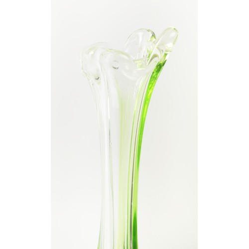 29 - A LARGE MURANO STYLE LIME GREEN SLENDER VASE, a Murano amber coloured squat vase and a further Muran... 