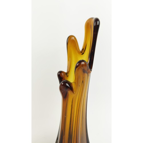 29 - A LARGE MURANO STYLE LIME GREEN SLENDER VASE, a Murano amber coloured squat vase and a further Muran... 