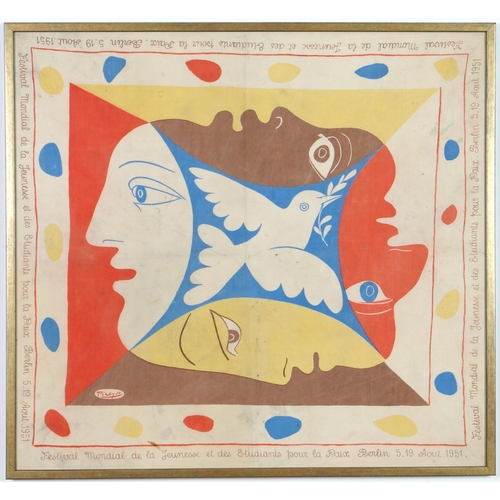 54 - PABLO PICASSO, rare world festival of youth and students for peace, scart on linen, 1951, Berlin, 80... 