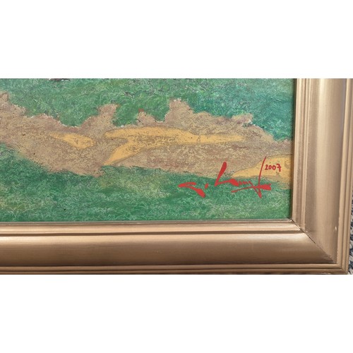 101 - NGUYEN, QUOC HUG, 'Landscapes', a set of three mixed medias on aluminium, 68cm x 88cm, framed. (3)